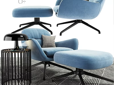Modern Blue Leisure Chair With Ottoman And Black Metal Legs In Living Room 3d model