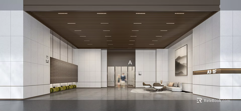 Modern Front Desk Reception Area With Elevator Sofa Coffee Table Ceiling Lights And Wall Design 3d model