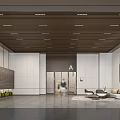 Modern Front Desk Reception Area With Elevator Sofa Coffee Table Ceiling Lights And Wall Design 3d model
