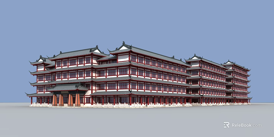 Traditional Chinese Ancient Architecture Featuring Curved Eaves Red Columns And Multi Story Structure 3d model
