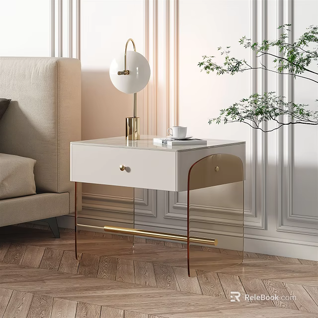 Elegant Modern Bedside Table With White Top Gold Metal Legs Lamp And Books 3d model 
