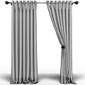 Gray Striped Fabric Curtains With Decorative Tieback For Home Windows