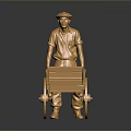 Golden Statue of Man Pushing Shiny Metallic Wheelbarrow with Smooth Surface
