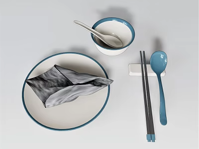 Blue Rimmed White Dinnerware Set with Plate Napkin Bowl Spoon Chopsticks and Rest 3d model