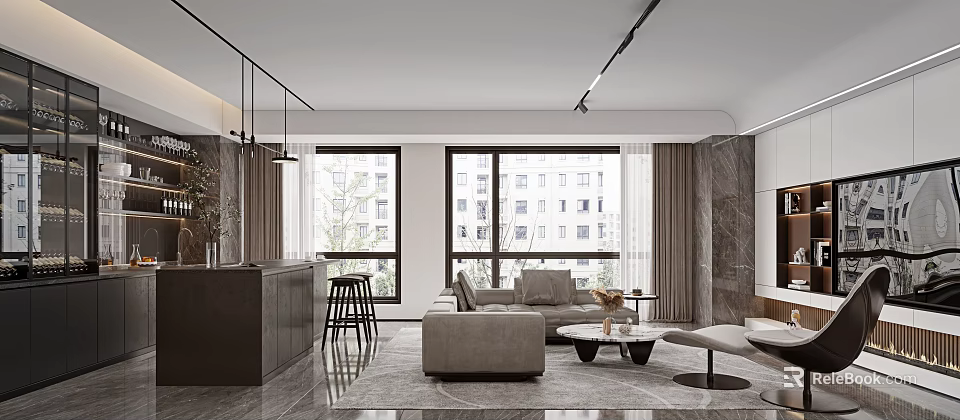 Modern Living And Dining Room Interior With Sofa Coffee Table And Large Windows 3d model