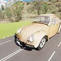 Cream Vintage Volkswagen Beetle Parked On Road With Blue Sky White Clouds And Green Hills