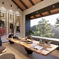 Modern Living Room With Wooden Ceiling Concrete Walls Large TV Sofa And Black Armchair