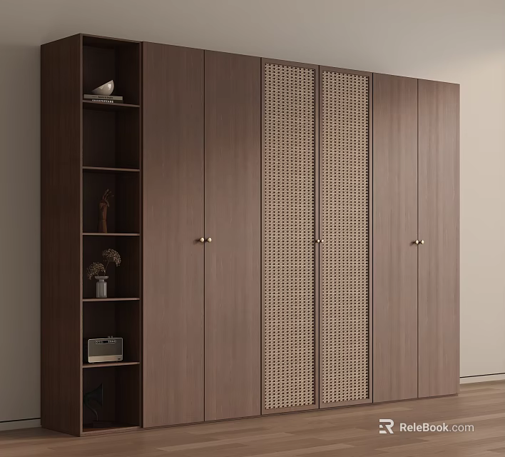 Modern Walnut Wardrobe With Rattan Weave Doors And Open Shelves For Storage 3d model 