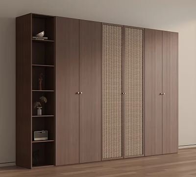 Modern Walnut Wardrobe With Rattan Weave Doors And Open Shelves For Storage 3d model