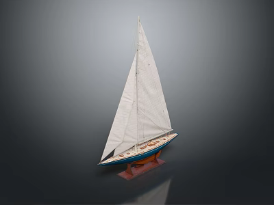 Wooden Sailboat Model With White Sail Red Base On Gray Background 3d model