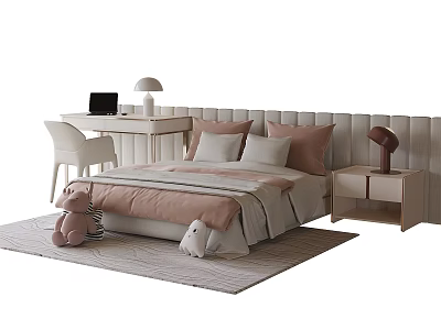 Cozy Kids Bed With Pink Beige Pillows Quilt Plush Toys Side Table Lamp 3d model