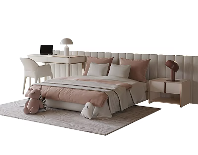 Cozy Kids Bed With Pink Beige Pillows Quilt Plush Toys Side Table Lamp 3d model