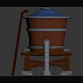 Wooden Barrel Structure With Blue Top Red Body Wooden Ladder And Metal Pipe