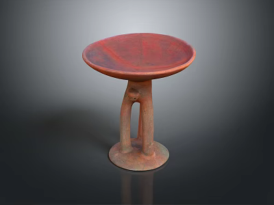 Sculptural Carving Of Red Circular Tray With Double Column Base And Decorative Clay Texture 3d model