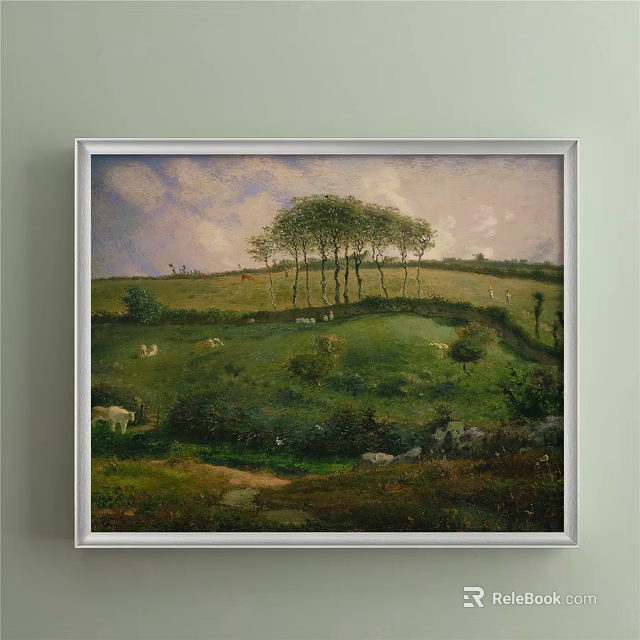 Tranquil Landscape Painting With Green Meadow Tall Trees Sheep Grazing And Country Path 3d model 