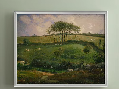 Tranquil Landscape Painting With Green Meadow Tall Trees Sheep Grazing And Country Path 3d model