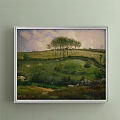 Tranquil Landscape Painting With Green Meadow Tall Trees Sheep Grazing And Country Path