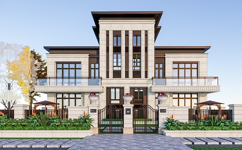 Simple European Double Villa Neoclassical Townhouse 3d model