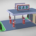 Cartoon Style Gas Station Scene With Roof GAS Sign Fuel Pumps And Green Trees