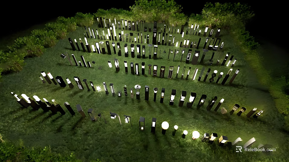 Decorative Outdoor Lights With Various Designs Arranged On Green Grass For Night Illumination 3d model 