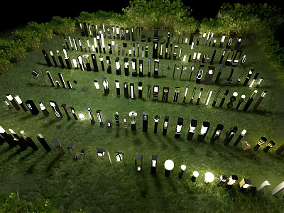 Decorative Outdoor Lights With Various Designs Arranged On Green Grass For Night Illumination 3d model