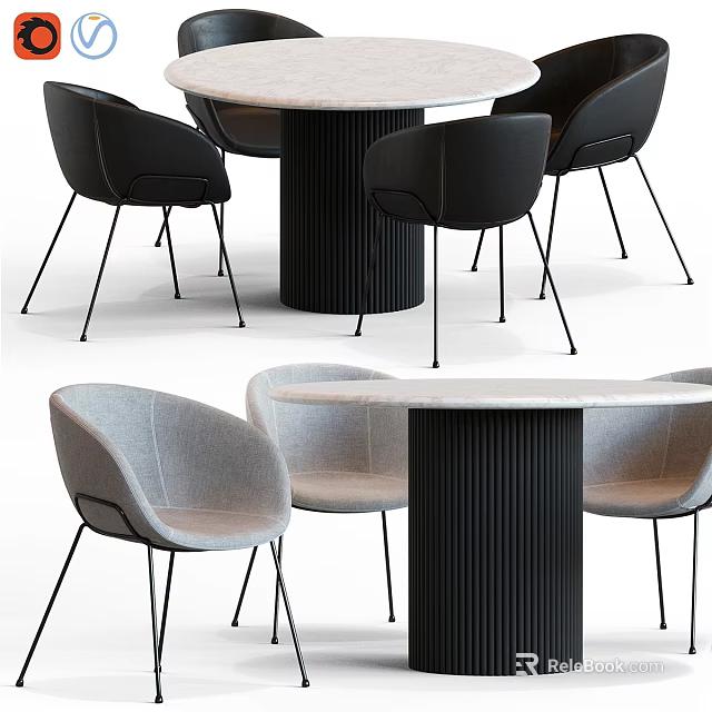 Modern Round Marble Table With Black And Gray Fabric Chairs For Dining Room 3d model 