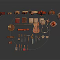 Collection Of Musical Instruments And Art Supplies Including Violins Guitars Paints Brushes And Tools