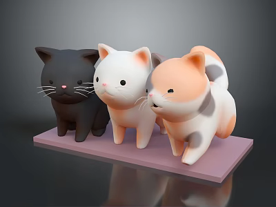 Three Adorable Different Colored Cat Plush Toys on Pink Display Platform 3d model