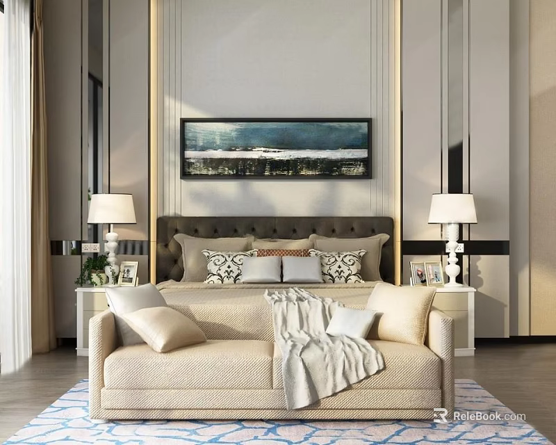 Modern Bedroom Interior With Double Bed Headboard Pillows Table Lamps And Wall Painting 3d model 