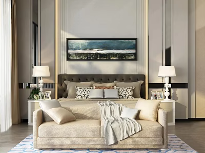 Modern Bedroom Interior With Double Bed Headboard Pillows Table Lamps And Wall Painting 3d model
