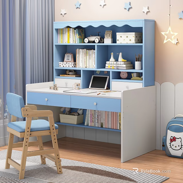 Kids Blue Desk With Bookshelf Books Laptop Chair Star Decor And Hello Kitty Backpack 3d model 