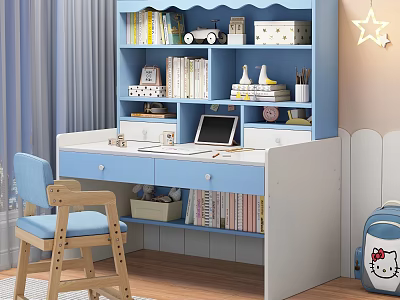 Kids Blue Desk With Bookshelf Books Laptop Chair Star Decor And Hello Kitty Backpack 3d model