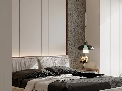 Modern Bedroom Interior Featuring Dark Bedding White Panel Walls and Table Lamp on Nightstand 3d model