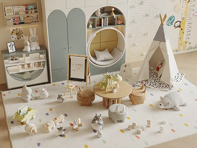 Kids Playroom Interior Featuring Teepee Tent Round Hanging Chair Small Table Toys And Colorful Carpet 3d model