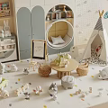Kids Playroom Interior Featuring Teepee Tent Round Hanging Chair Small Table Toys And Colorful Carpet