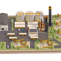 Cartoon Industrial Plant Scene with Silos Crane Trucks Buildings and Trees