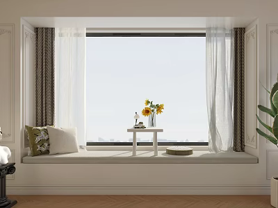 Cozy Bay Window With Cushioned Seat Throw Pillow Curtains Sunflowers And View 3d model