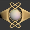 Elegant Gold Ring Featuring Oval Opal With Pearly Luster and Intricate Gold Decorative Details
