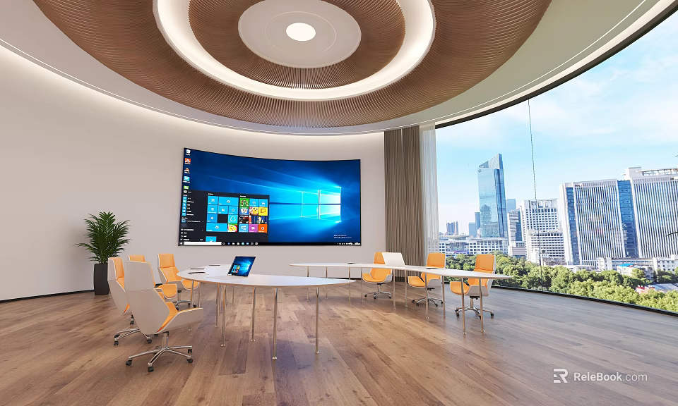 Modern Conference Room With Circular Wooden Ceiling Large Screen White Table Yellow Chairs City View 3d model 