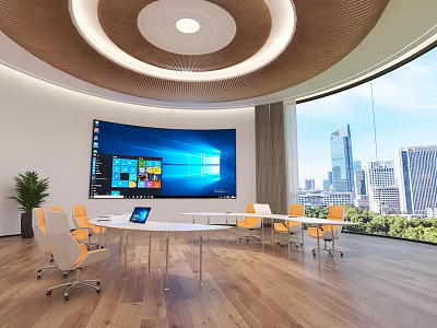 Modern Conference Room With Circular Wooden Ceiling Large Screen White Table Yellow Chairs City View 3d model