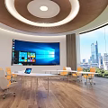 Modern Conference Room With Circular Wooden Ceiling Large Screen White Table Yellow Chairs City View