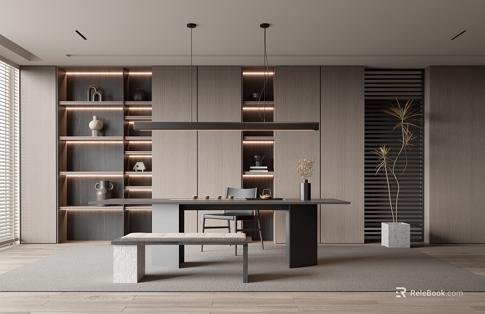 Sleek Modern Tea Room Interior Design With Wooden Shelves Tea Table And Pendant Lights 3d model 