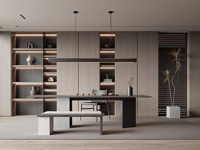 Sleek Modern Tea Room Interior Design With Wooden Shelves Tea Table And Pendant Lights 3d model