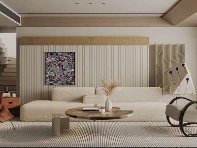 Cozy Modern Living Room Interior With Beige Sofa Round Wooden Coffee Table And Abstract Painting 3d model