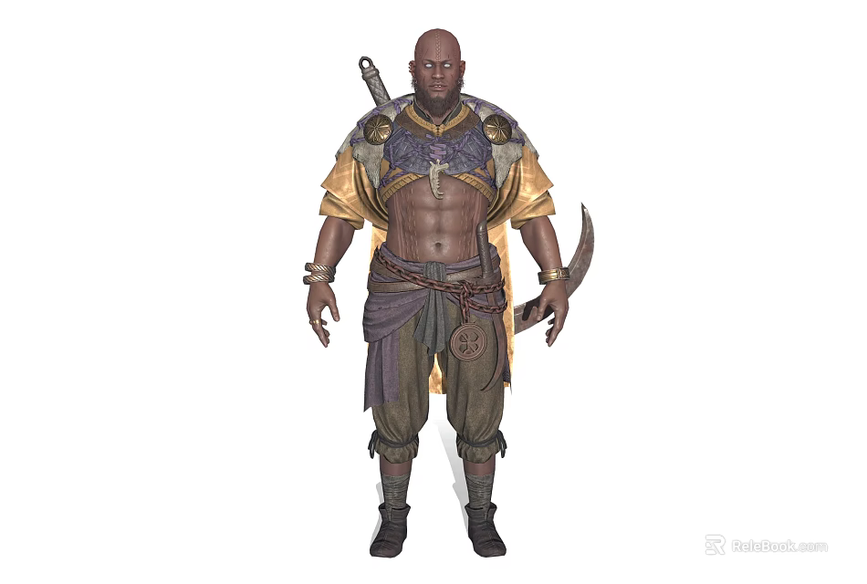 Bald Warrior Character With Muscular Torso Yellow Purple Armor Back Sword And Curved Blade 3d model 