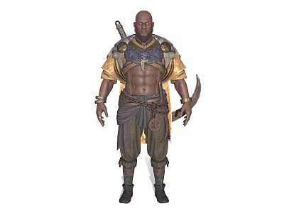 Bald Warrior Character With Muscular Torso Yellow Purple Armor Back Sword And Curved Blade 3d model
