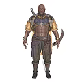 Bald Warrior Character With Muscular Torso Yellow Purple Armor Back Sword And Curved Blade