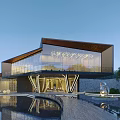 Modern Sales Office Building With Glass Facade Pool Reflection And Landscaped Surroundings