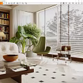 Modern Living Room Sofa Coffee Table Set With White Sofa Green Chair And Large Plant