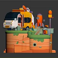 Colorful Cartoon 3D Scene With Playful Vehicle Green Grass And Small Structures
